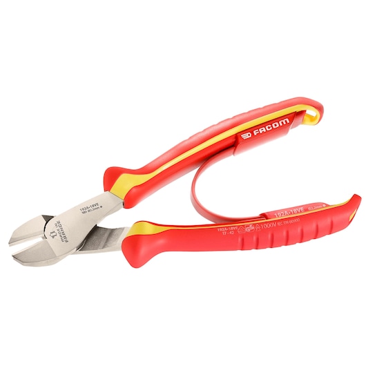Photo of Facom 192A_18VE insulated diagonal cutting pliers with red and yellow handles, side angle.