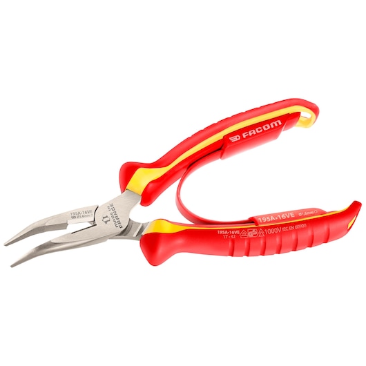 Facom 193A_16VE insulated long nose pliers, red and yellow handles, side angle, photography.