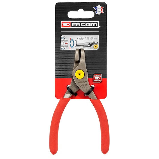 Photo of Facom 90 degree outside circlips pliers 197G_13PB_P1 with red handles, front view on white background.