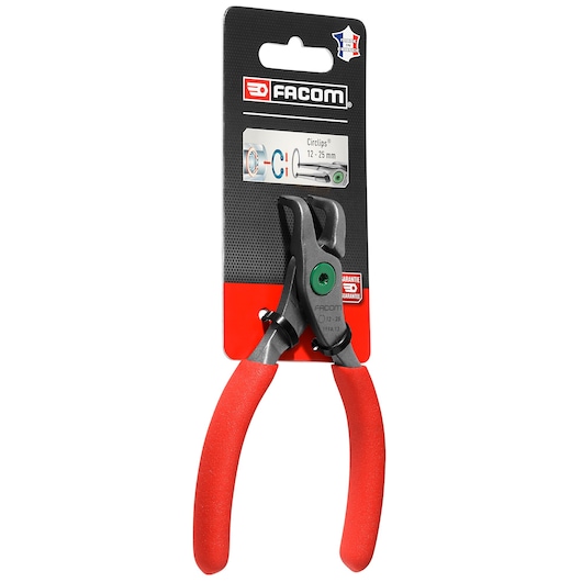 Facom 199G_13PB circlip pliers with red handles, photographed in packaging, angled front view.