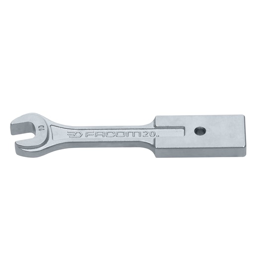 Facom 2010 open-end wrench with square head, silver finish, right side on white background.