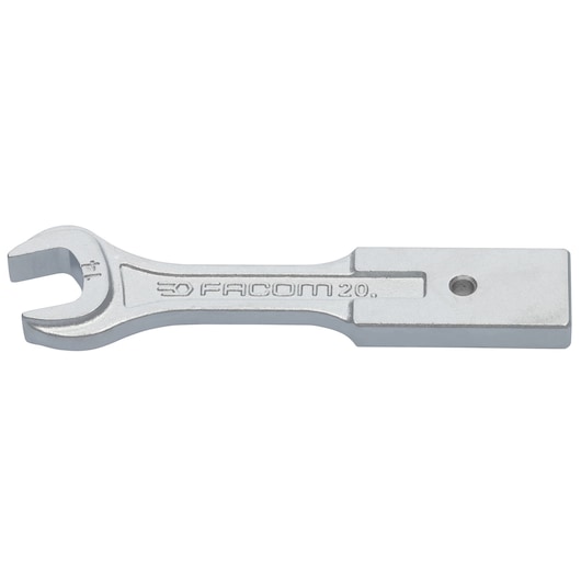 Facom 20_14 silver open-end wrench, flat handle with hole, left side view, photography.