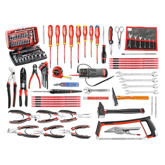 Facom 2050E17 tool set photography, assorted hand tools with red accents, flat lay, white background.