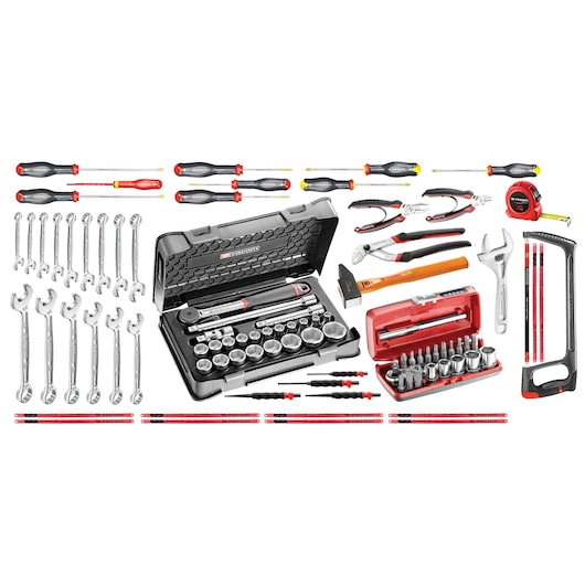 Facom 2050M100A tool set photography, includes wrenches, screwdrivers, pliers, sockets, tape measure, and saw, front angle.