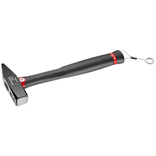 Facom 205C_20SLS black and red engineer's hammer with lanyard, side view on white background.