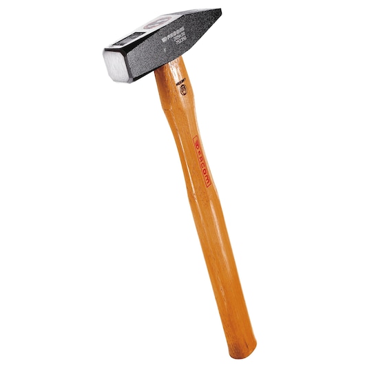 Facom 205H_50 hammer with polished steel head and wooden handle, angled view on white background.