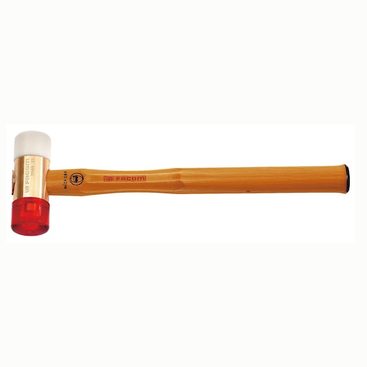 Photo of Facom 207A_50CB mallet with a wooden handle, white and red dual-material head, side angle on white background.