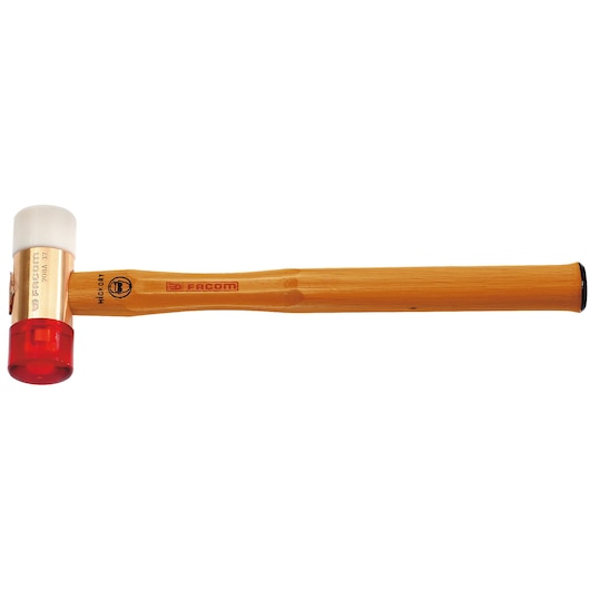 Facom mallet 208A_25CBA with wooden handle, white and red heads, side angle, on white background.