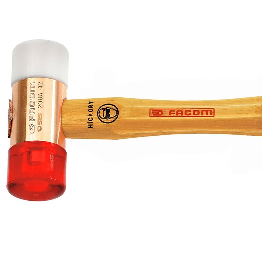 Facom 208A_40CBASLS mallet with wooden hickory handle, copper body, red and white double heads, side view.