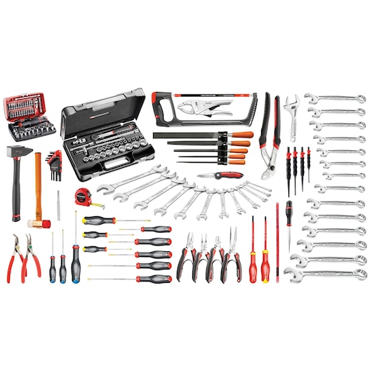 Facom 2092m120a tool set photography, assorted hand tools with cases, screwdrivers, wrenches, pliers, white background