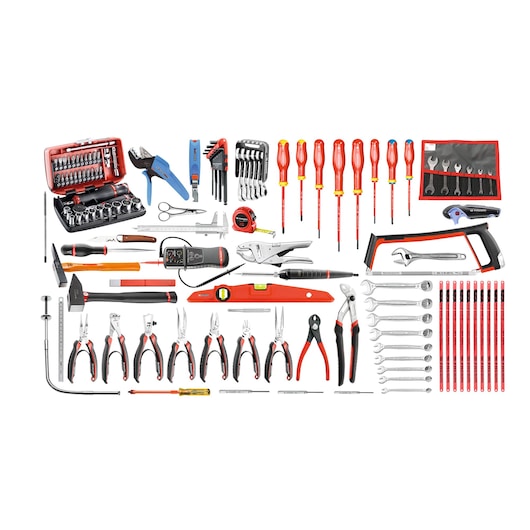 Facom 2120_E18 hand tool kit, assorted pliers, screwdrivers, wrenches and sockets set, front angle, white background.