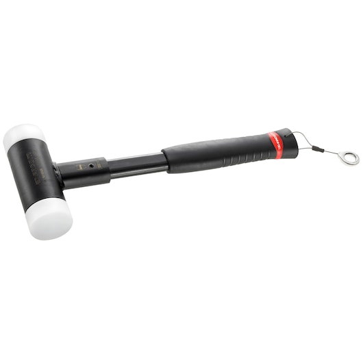 Facom 212A_60SLS black mallet with white nylon tips and safety lanyard, side angle, photography.