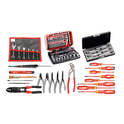 Facom 2132_EL31 tool assortment set with pliers, screwdrivers, wrenches, and sockets, front angle.