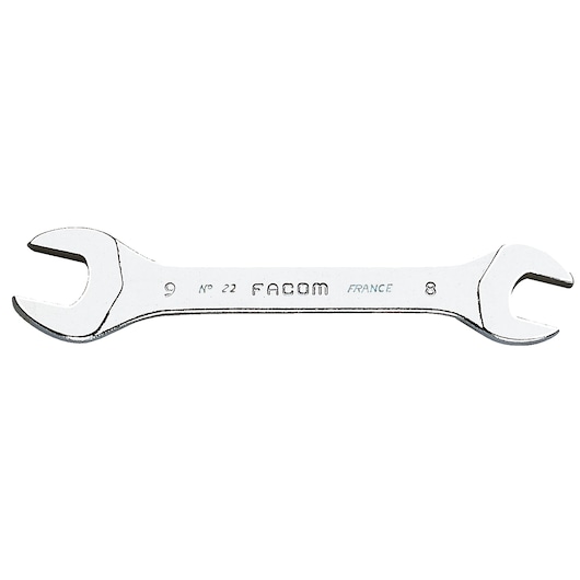 Facom 22_12X13 photography of chrome double open-end wrench, straight-on angle on white background