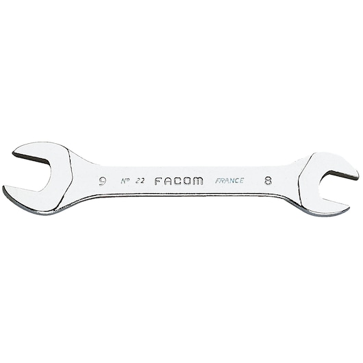Facom double open-end wrench, silver finish, SKU 22_3_2X5_5PB, front angle, tool photography.