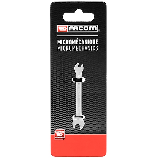Photo of Facom 22_3_2X5_5PB micromechanics double open-end wrench in retail packaging, front angle.