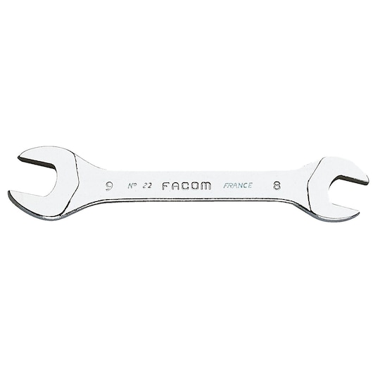 Facom 22_3_2X5_5 open-end wrench with chrome finish, top view on white background.