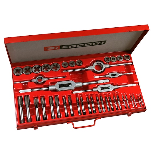 Facom 221_227SJ2 tap and die set with metal tools organized in a red case, angled top view.
