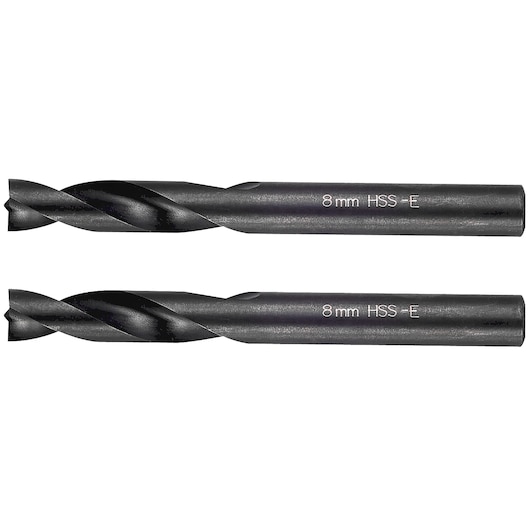 Facom 225.6J2 photography, two 8mm HSS-E metal twist drill bits displayed horizontally, side angle, white background.