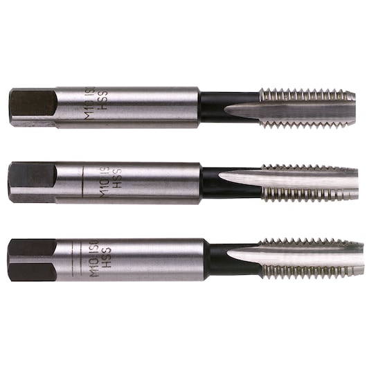 Facom 227_10X150T3 tap set, three-piece high-speed steel threading tools, side view on white background.