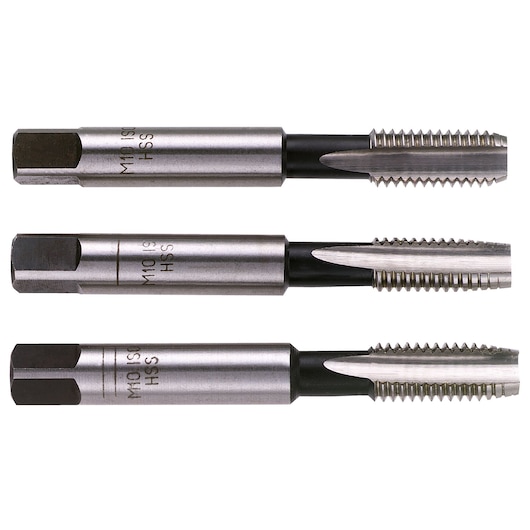 Facom 227_4X70T3 tap set, three silver metal M10 HSS taps, side view, on white background.
