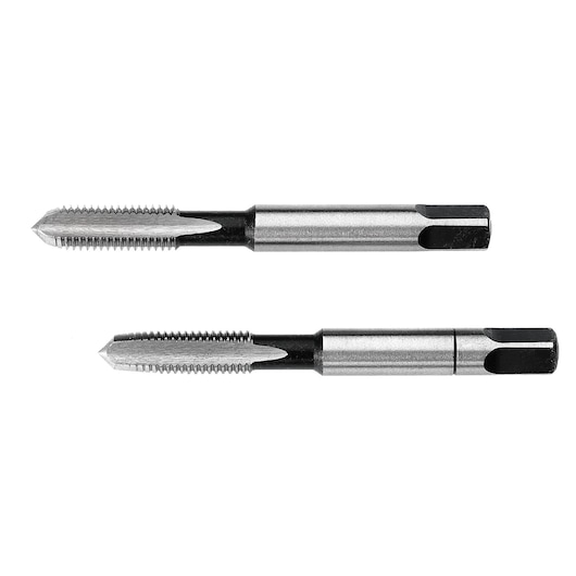 Facom 227_5X80T2 metal threading tap set, two silver and black taps, side view on white background.