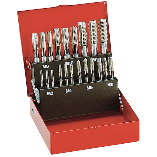 Facom tap set 227_J1 in red metal box, front angle, showing taps organized by size M3–M11.