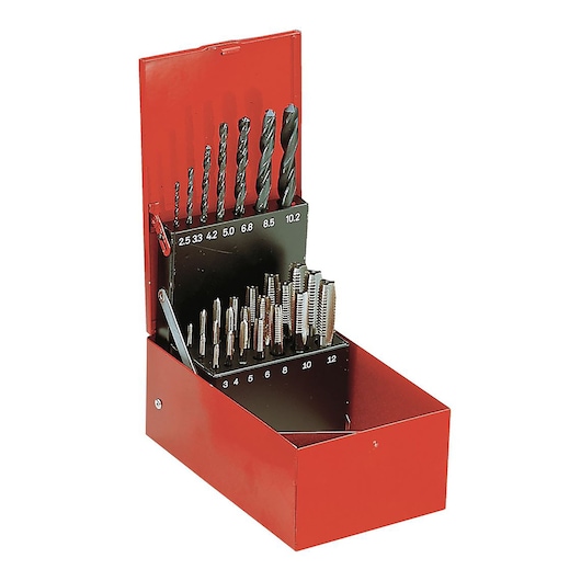 A red metal box with a set of drill bits and taps arranged in rows for various sizes, used for threading and drilling.