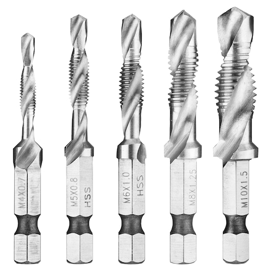 Facom 227H.J5PB set of five metal combination tap drill bits with hex shanks, front view on white background.