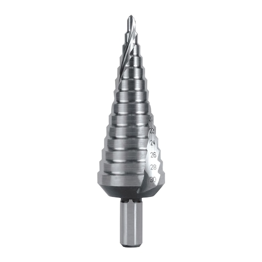 Facom 229A_ST2 step drill bit, silver, tapered design with engraved size markings, front angle.