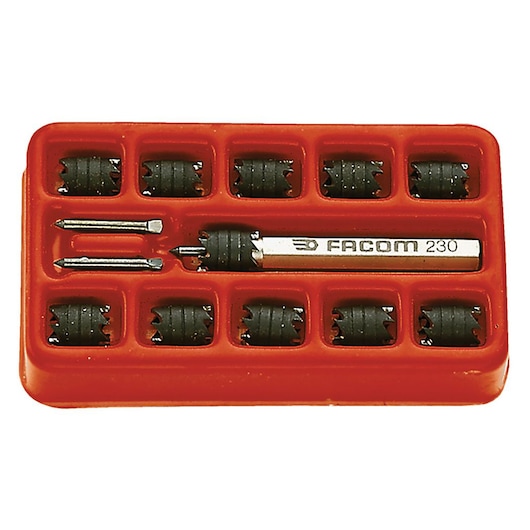 Facom 230_J1 screw extractor set in red plastic tray, top view, with multiple black extractors and handle.