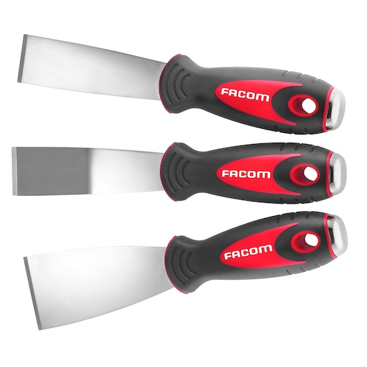 Facom 235_J1 set of three red and black handled scrapers, side view on white background