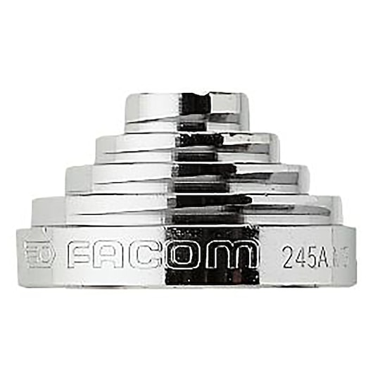 Facom 245AM3 chrome stepped ring spanner, side view on white background.