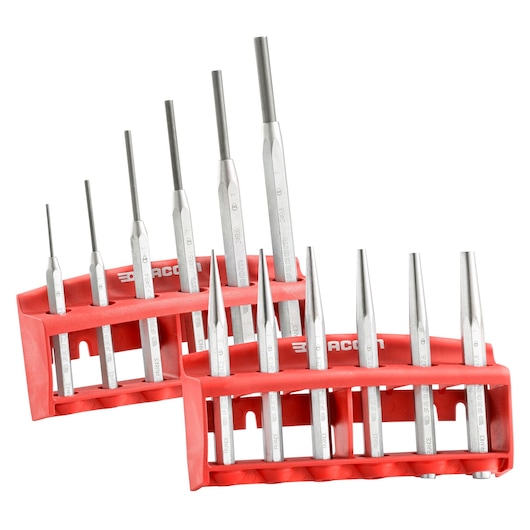Facom punch and chisel set 247_249JS12 in red plastic holders, front angle on white background.