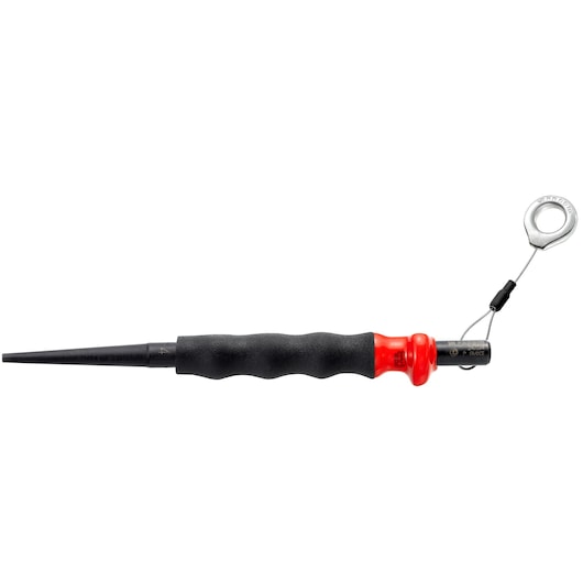 Facom 247_G6SLS tapered punch with black grip and red handle, metal ring, side angle, photography.