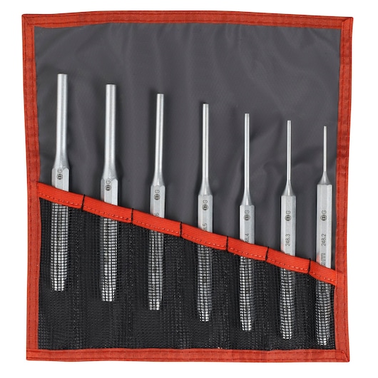 Facom 248JT7 set of seven metal pin punches in a black and red tool roll, top view.