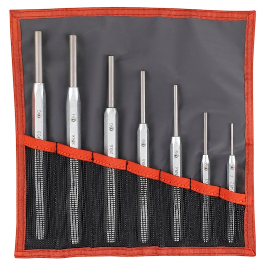Facom 249JT7 pin punch set of seven sizes in a gray and red fabric roll pouch, top-down angle.