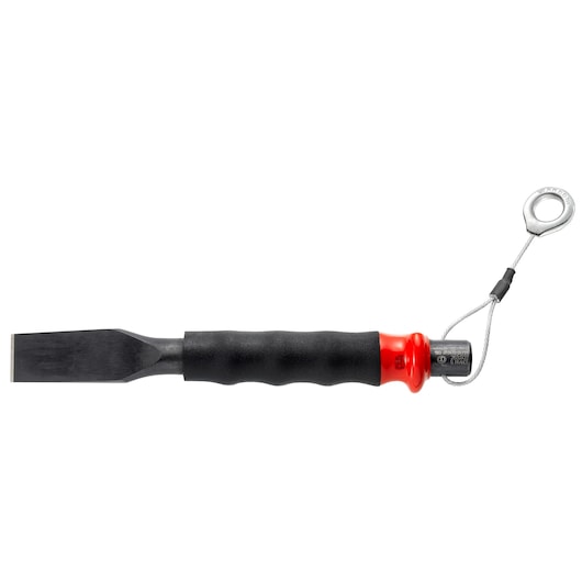 Facom 263G20SLS chisel with black blade, ergonomic black and red handle, and attached safety lanyard, side view.