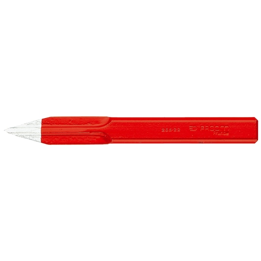 Facom 26518 red metal chisel, side view on white background.