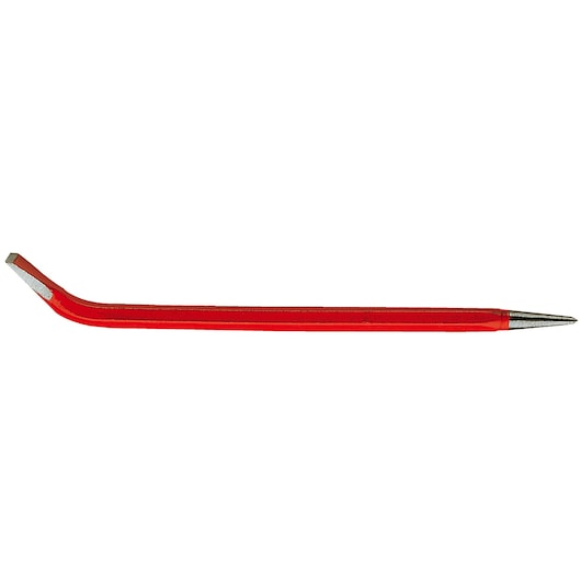 Facom 269 red hexagonal wrecking bar with bent chisel end and pointed tip, side angle on white background.