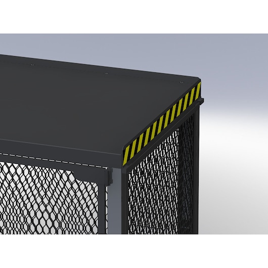 Facom 2702 corner view of black metal cabinet with mesh sides and yellow-black safety stripes.