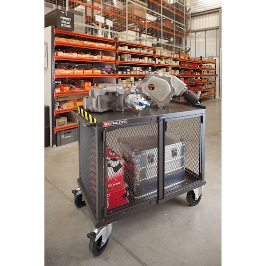 Facom 2703 industrial mesh rolling cart with large wheels, metal storage boxes and equipment, front angle.