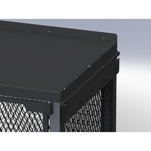 Facom 2703 black mesh metal cabinet, close-up angled view, solid top and perforated side panels.