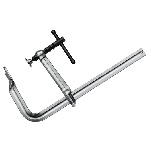 Facom 274200 photography of metal F-clamp with black screw handle, side angle on white background.