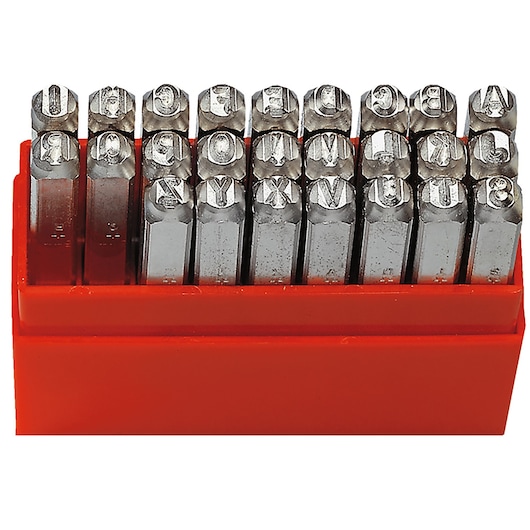Facom 292A5 steel letter punch set in red holder, front angle, uppercase alphabet visible.