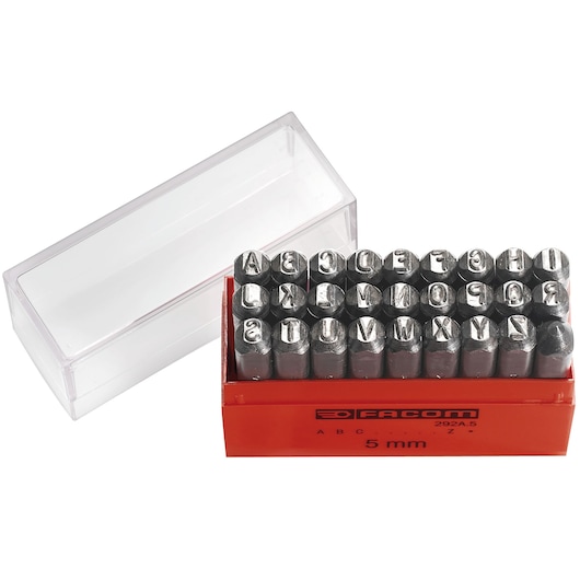 Facom letter punch set 5 mm, SKU 292A6, red box with metal punches, clear lid, top view, photography.