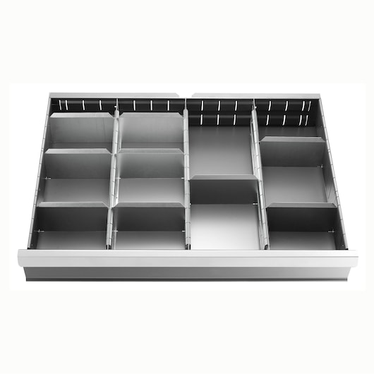 Facom 2930_C1 metal drawer organizer tray with multiple compartments, top angle, photography.