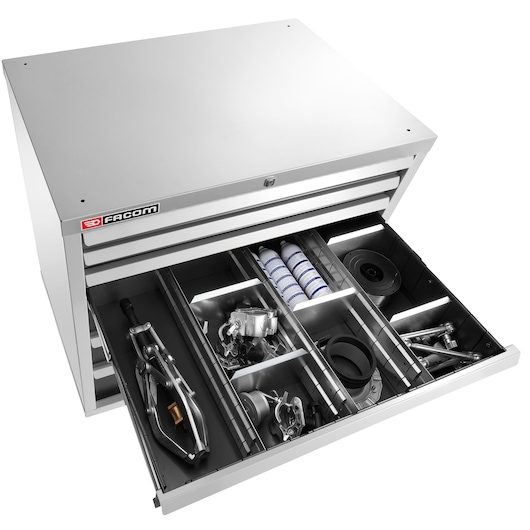 Facom 2930_C3 tool chest with open drawer showing organized compartments and assorted tools, front angle.