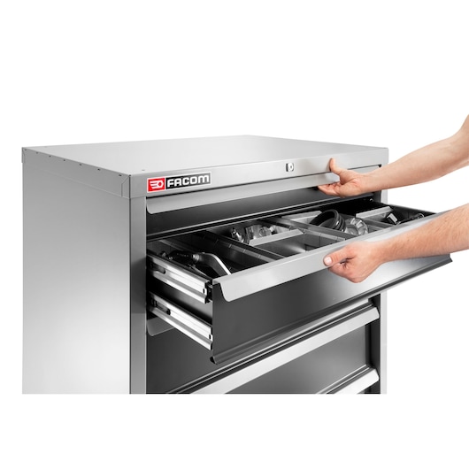 Facom tool cabinet 2936B with open drawer, top angle, showing organized tools inside.