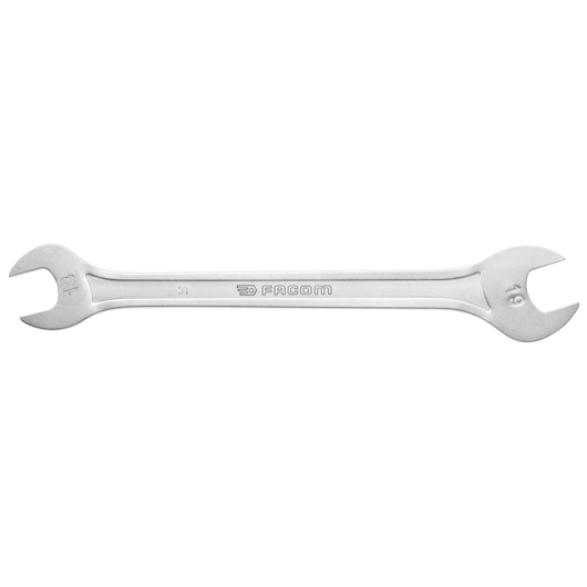 Facom 31_10X11 double open-end wrench, silver, two open jaws, top view on white background.
